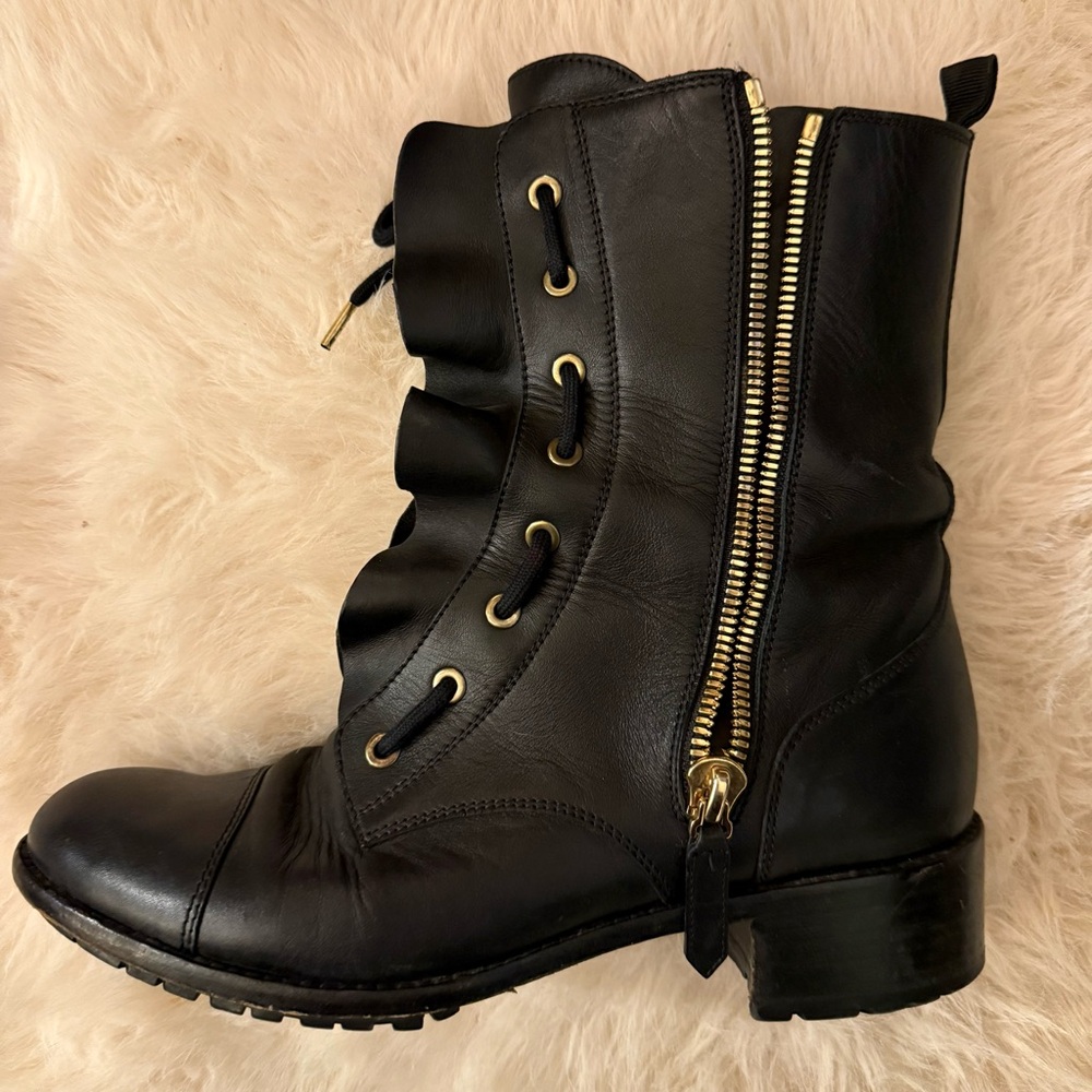 Valentino Black Ruffled Leather LaceUp Biker Combat Boots Gold Hardware US10/I40 - Picture 13 of 16
